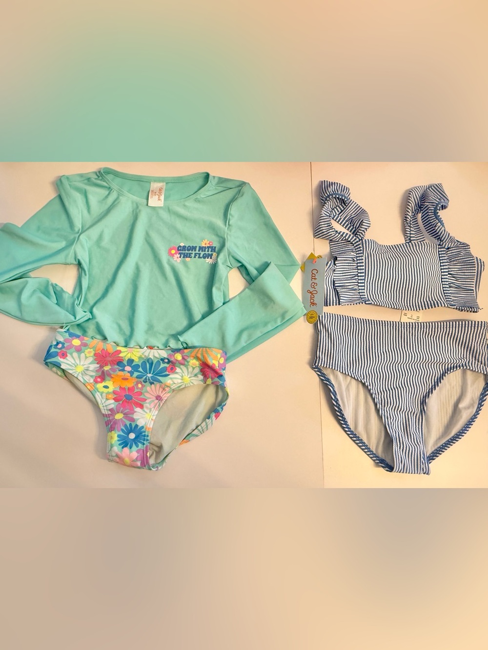 Cat & Jack Aqua Floral two Piece Rash Swimsuit & striped 2 piece bathing suits